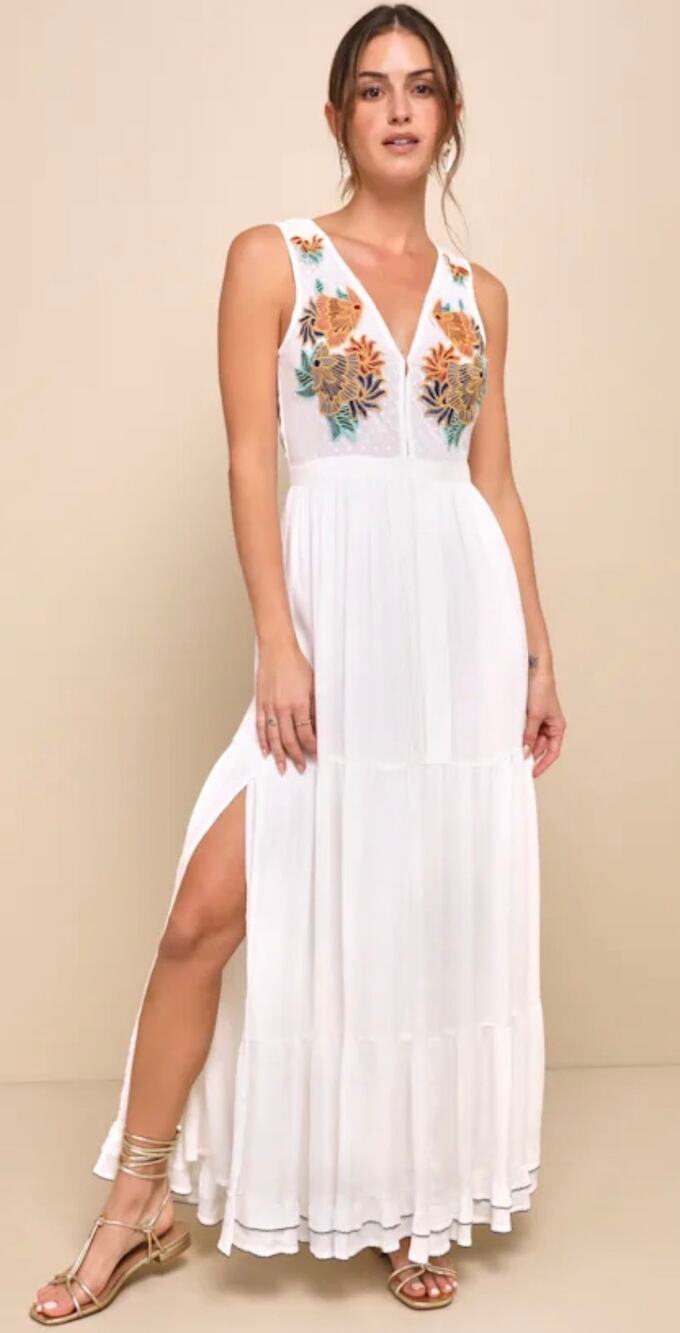 Lulu’s Tickets to Paradise White Embroidered Maxi Dress Women's Small Honeymoon